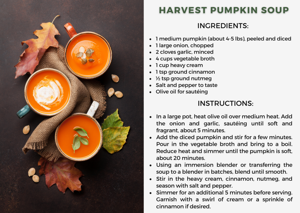 Harvest Pumpkin Soup - photo of 3 small cups surrounded by fall leaves.