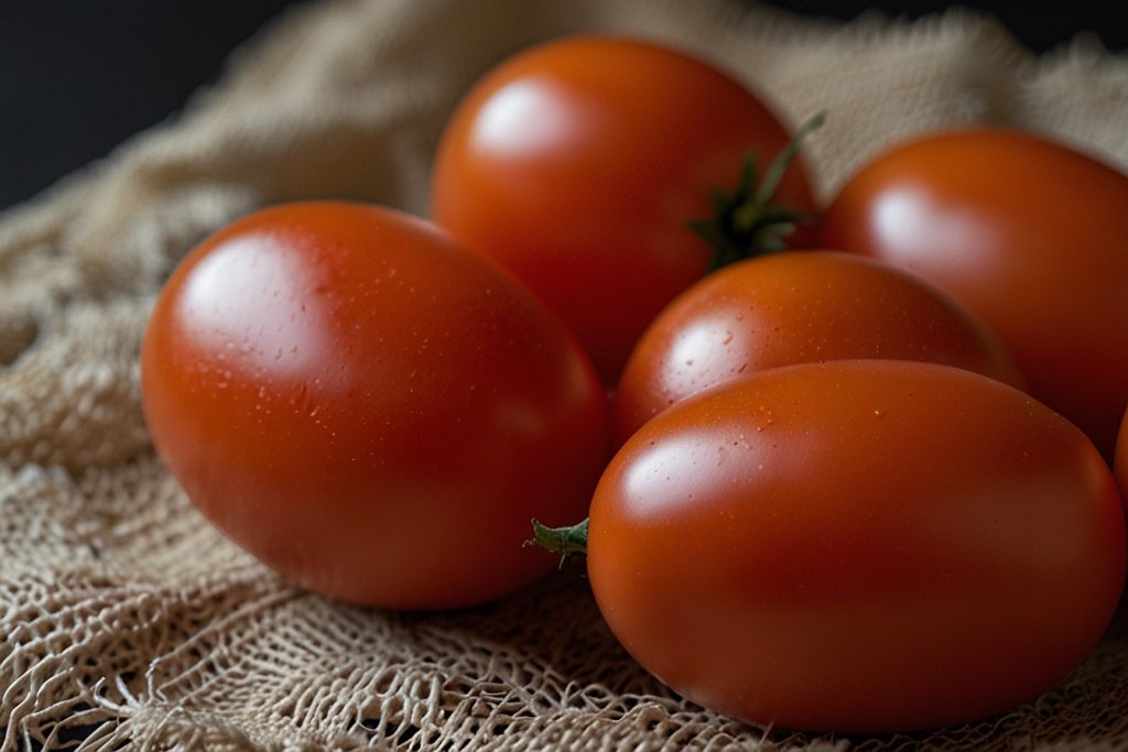 Roma are the best tomatoes for canning, shown here in a group of 5 on a table mat.