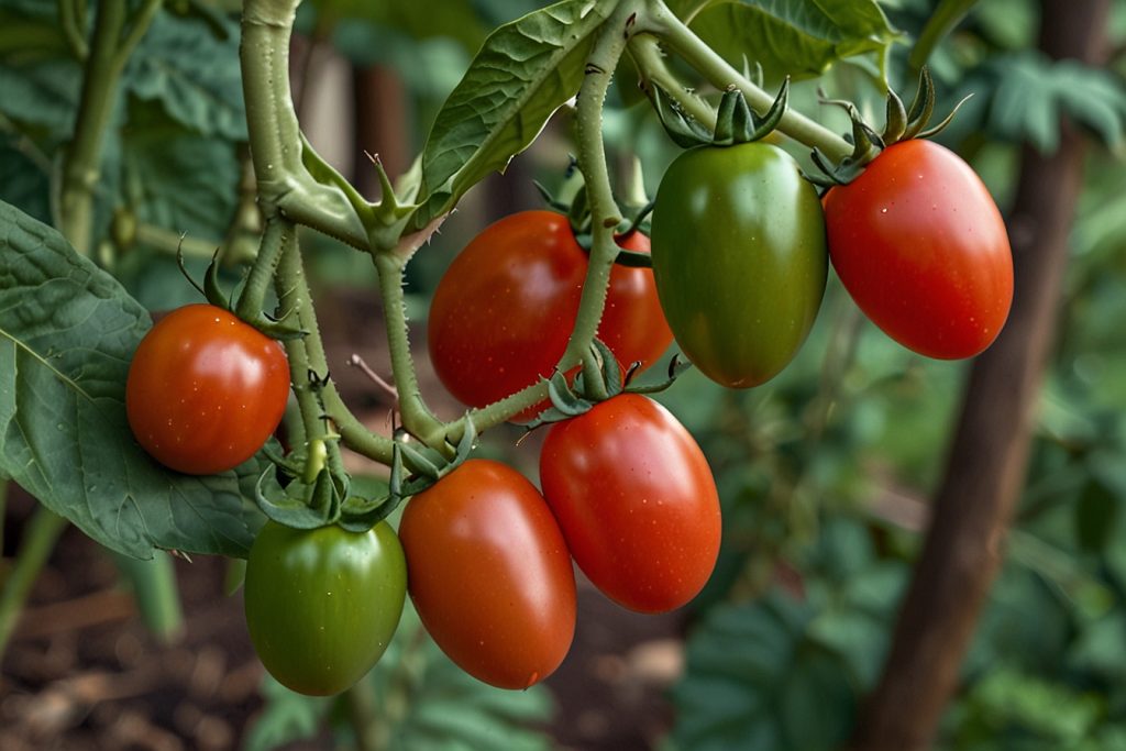 Amish Paste sauce tomatoes on the vine ripe and unripe.