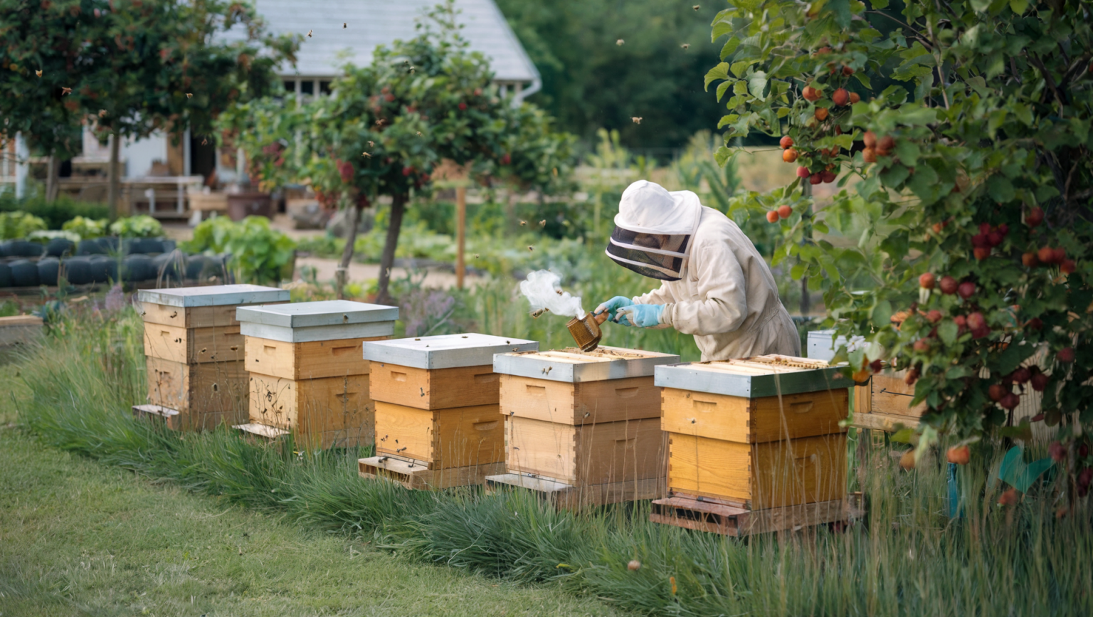 A photo of a basic beekeeping setup on a homestead. Several wooden bee hives are arranged neatly in a sunny corner of a green field. The hives are surrounded by wildflowers and fruit trees. A beekeeper, dressed in a protective white suit and hat, is tending to the bees with a smoker in hand.