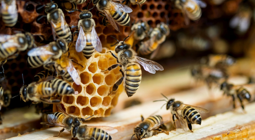 Inside of a bee colony with the all-important queen surrounded by worker bees tending to a honeycomb.