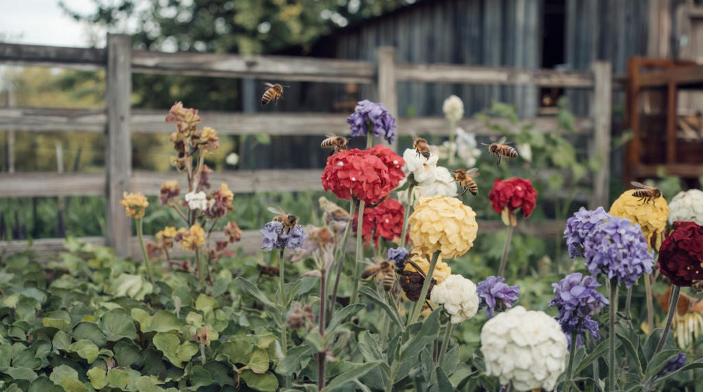 A photo of bees pollinating flowers on a homestead. The flowers are in full bloom and are of various colors - red, yellow, purple, and white. The bees are buzzing around the flowers, collecting nectar and pollen. The background reveals a wooden fence and a rustic building. 