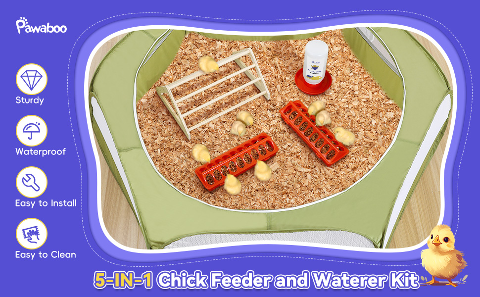 5-in-1 chicken feeder and waterer kit. Sturdy, waterproof, easy to install and easy to clean.