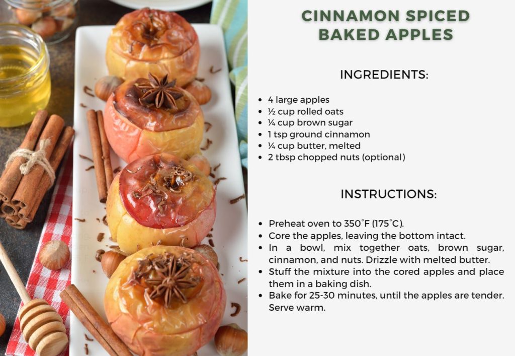 4 Cinnamon Spiced Baked Apples on a long plate garnished with cinnamon sticks.