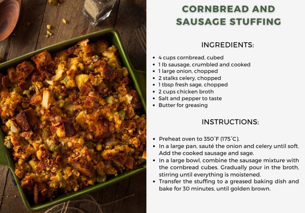 Cornbread and Sausage Stuffing served in a green dish served on a wood table.