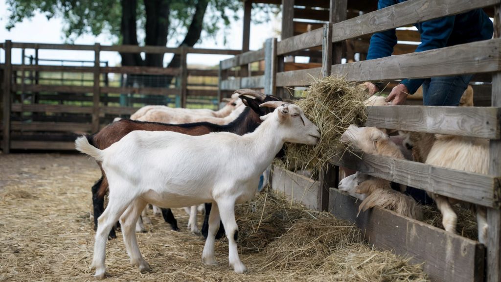 Homesteader is giving hay to his goats in their pen.