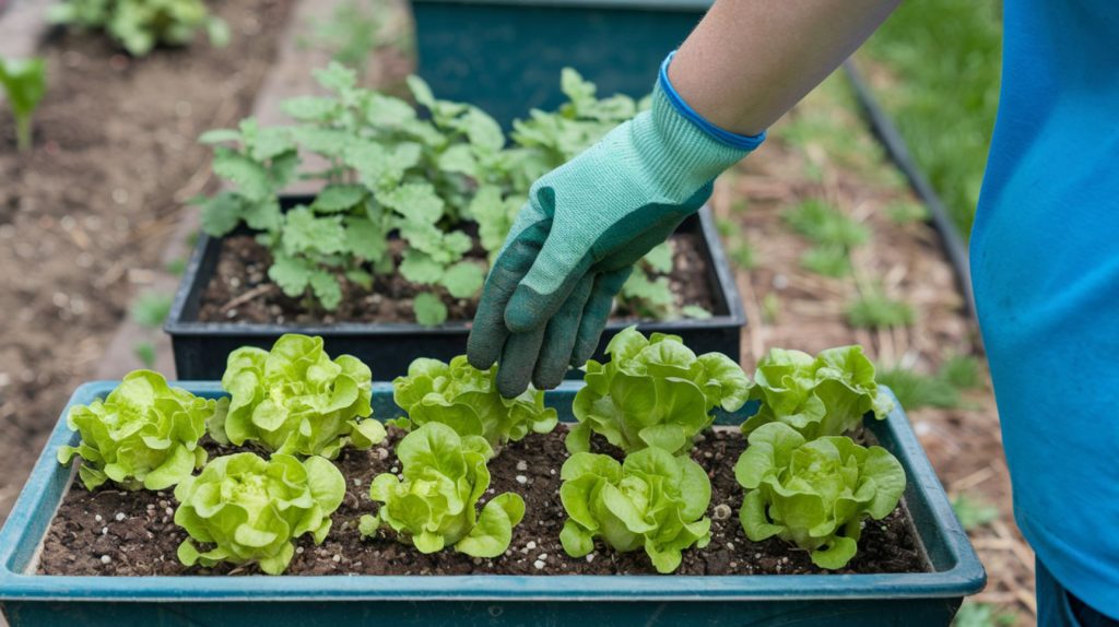 Woman with a garden glove shown fertilizing her vegetable container garden.