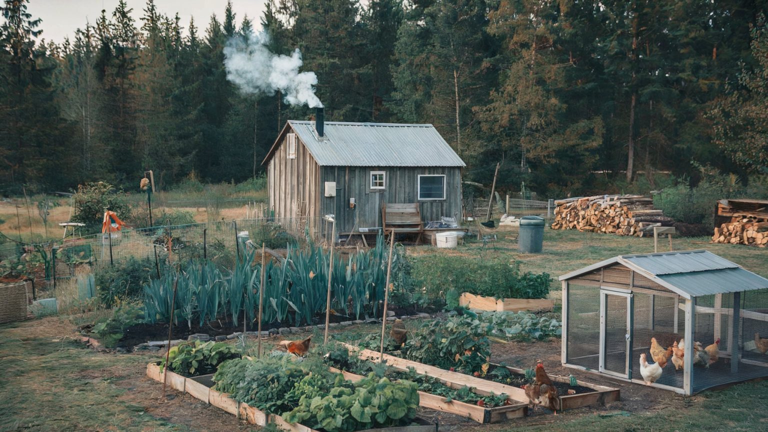 Homestead featuring a rustic house, organic vegetables, chicken coops