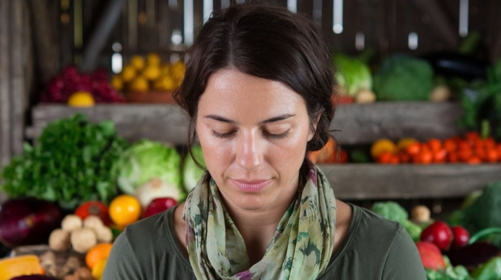 Woman standing in front of fruit and vegetables in rustic boxes that she collected from her garden harvest.