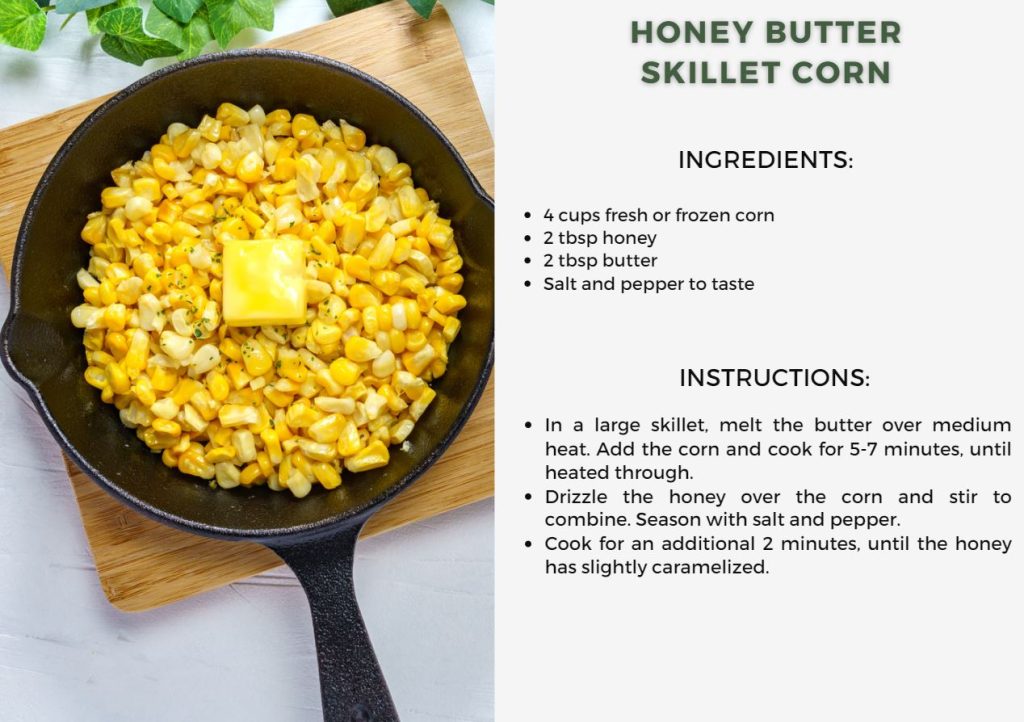 Honey Butter Skillet Corn served in a skillet with a pad of butter on top and resting on a wood serving board.