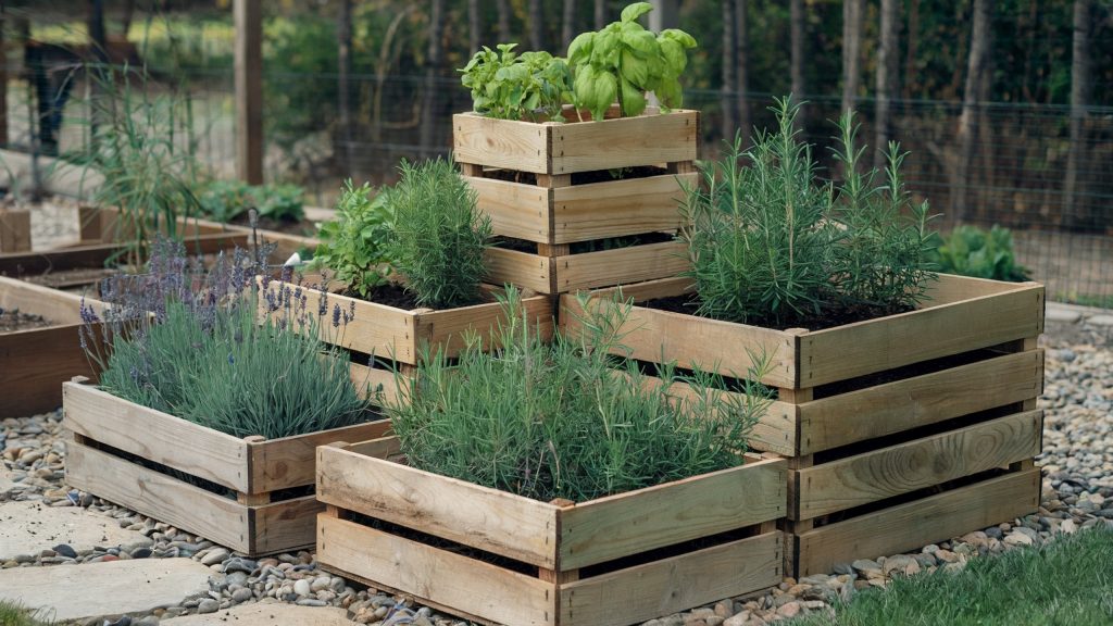 Repurposed wooden crates turned into a tiered herb garden.