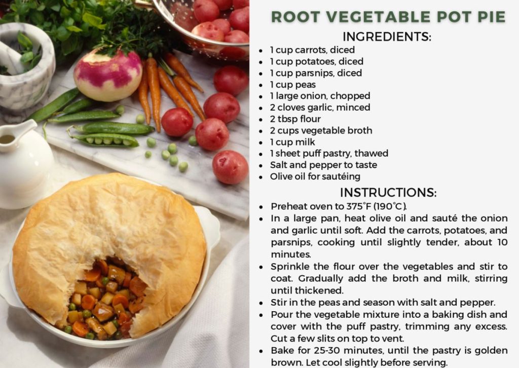 Root Vegetable Pot Pie in a dish shown next to a cutting board with potatoes, carrots, onion and snap peas.