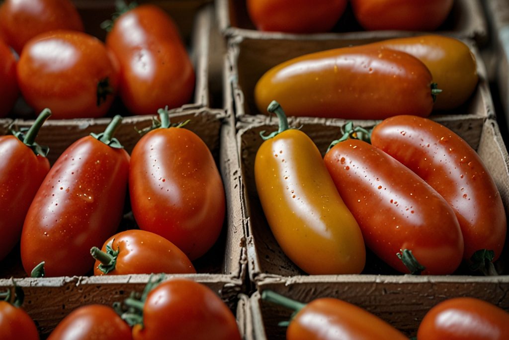 San Marzano tomatoes in presentation boxes for sale.