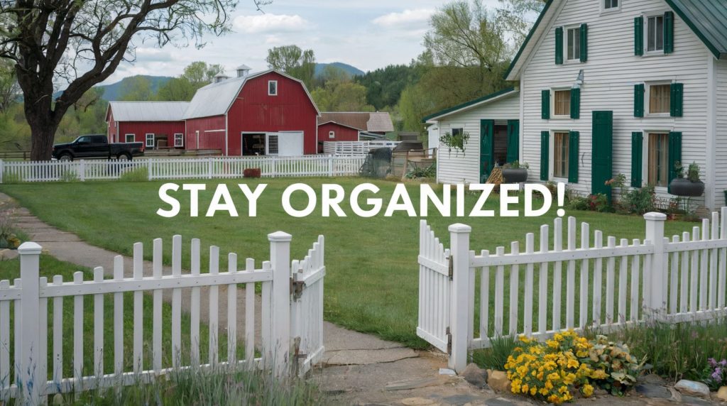 A photo of a homestead with a clean and organized environment. There is a white picket fence surrounding the property. Inside the fence, there is a red barn, a white house with green shutters, and a wooden fence. The lawn is mowed and the flowers are blooming. There is a black truck parked near the house. There is text overlay that says "Stay Organized!".