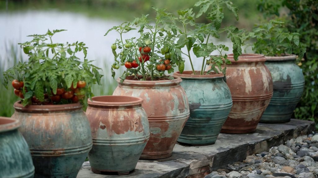 Weathered terracotta planter pots being used for cherry tomato plants.