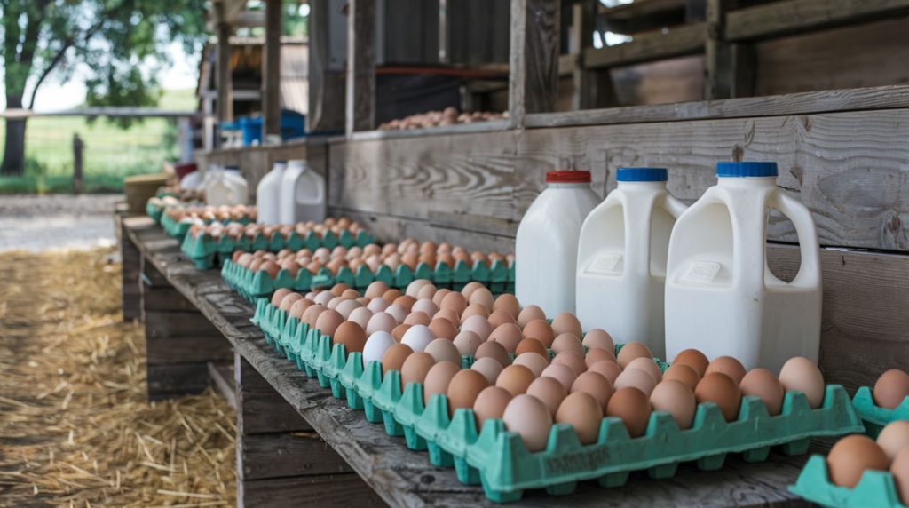 Photo of trays of eggs and milk jugs on a homestead to show the benefits of having a steady stream of products to consume and sell.