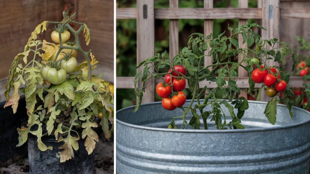 A split-screen photo of two tomato plants. On the left, there is an unhealthy tomato plant in a small container. The plant has yellow leaves and is growing in a tight space. On the right, there is a healthy tomato plant growing in a deep and wide galvanized metal tub. The plant has vibrant red tomatoes and green leaves. The background is a wooden trellis.