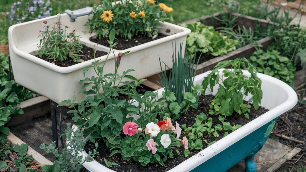 Old sink and a bathtub being used as garden planters for raised gardening beds, adding vintage charm.