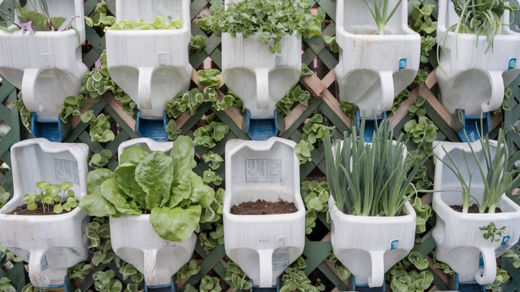 Using plastic milk jugs and bottles for gardening planters.