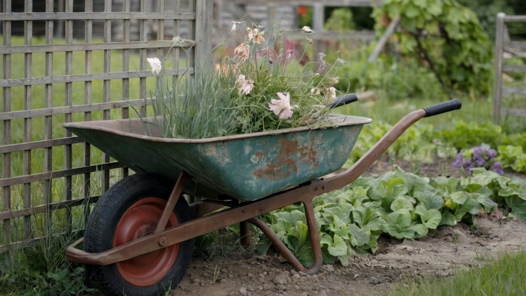 Old wheelbarrow being used as a planter.