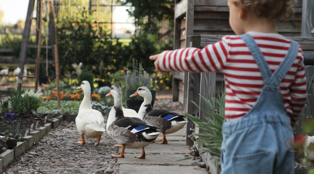 A photo of a child standing on a homestead and pointing towards a group of Muscovy ducks walking through the gardens. The background contains a wooden structure, plants, and trees. 