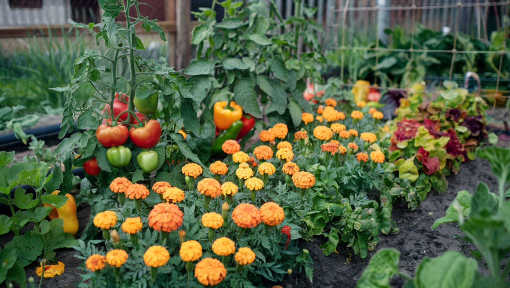 A photo of a garden using companion planting and polyculture techniques. There are various plants of different species growing together. There are tomatoes, peppers, and zucchini plants. There are also marigolds, which are known to repel pests. 