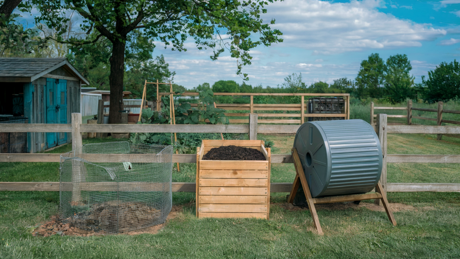 Homestead with 3 types of compost bins: wire mesh, wood crate and recycled plastic tumbler.