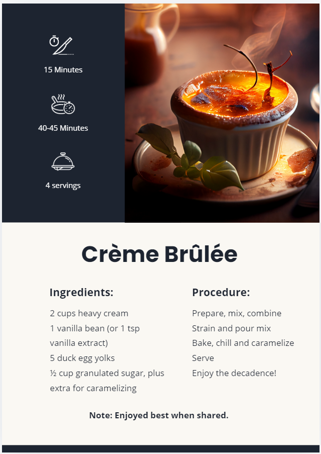 Crème Brûlée recipe card.