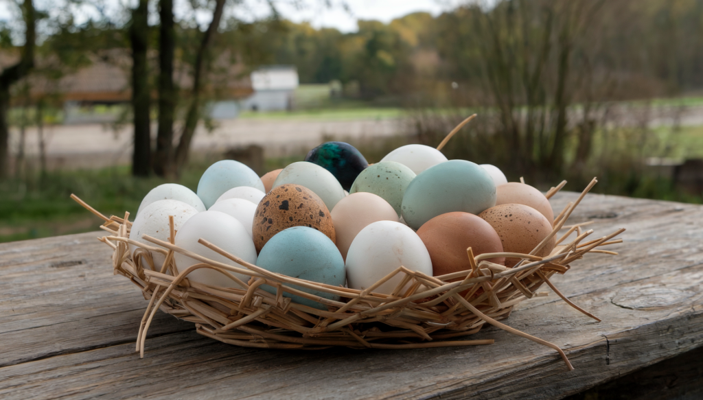 A selection of duck eggs in a straw basket displayed on a rustic table with a background view of a homestead.