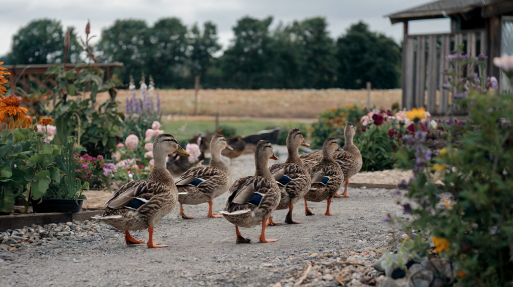 A group of ducks wandering through homestead gardens and into a field. The ducks are walking on a gravel path surrounded by flowers. In the background, there's a garden shed. 