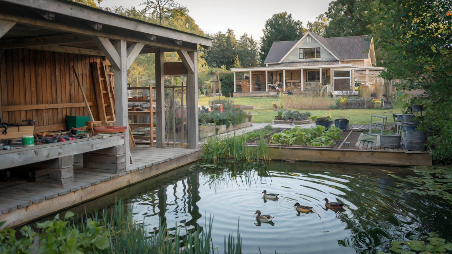 A photo of a serene homestead with a wooden structure, various tools, and a pond where ducks are swimming. The main house is visible in the background. The property is filled with greenery and has a few vegetable gardens.