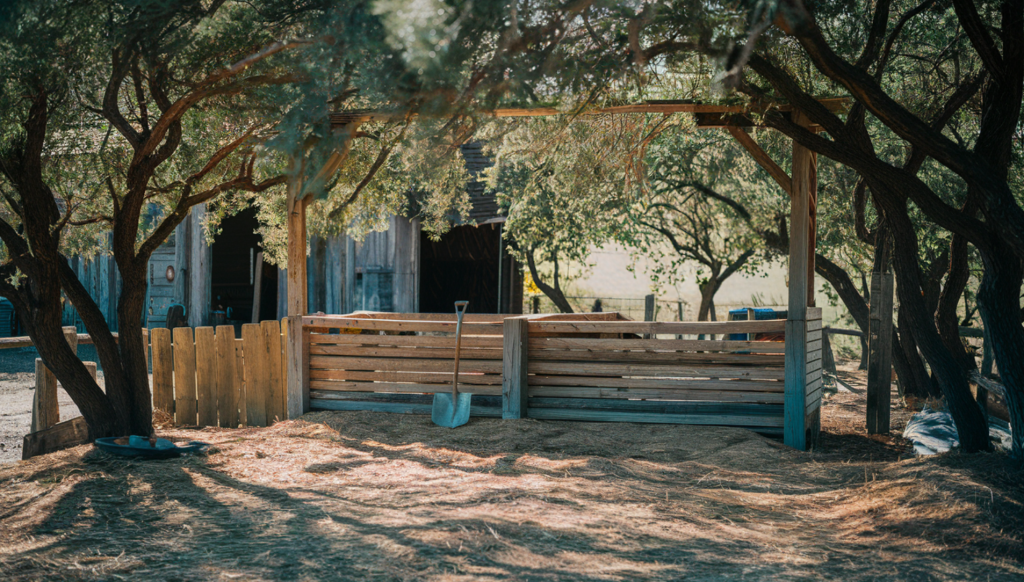 A photo of a partially shaded area on a homestead with a wooden structure. The area is surrounded by trees, providing shade. There's a shovel leaning against the wooden structure. The ground is sparsely covered with straw or hay. The background reveals a rustic building.