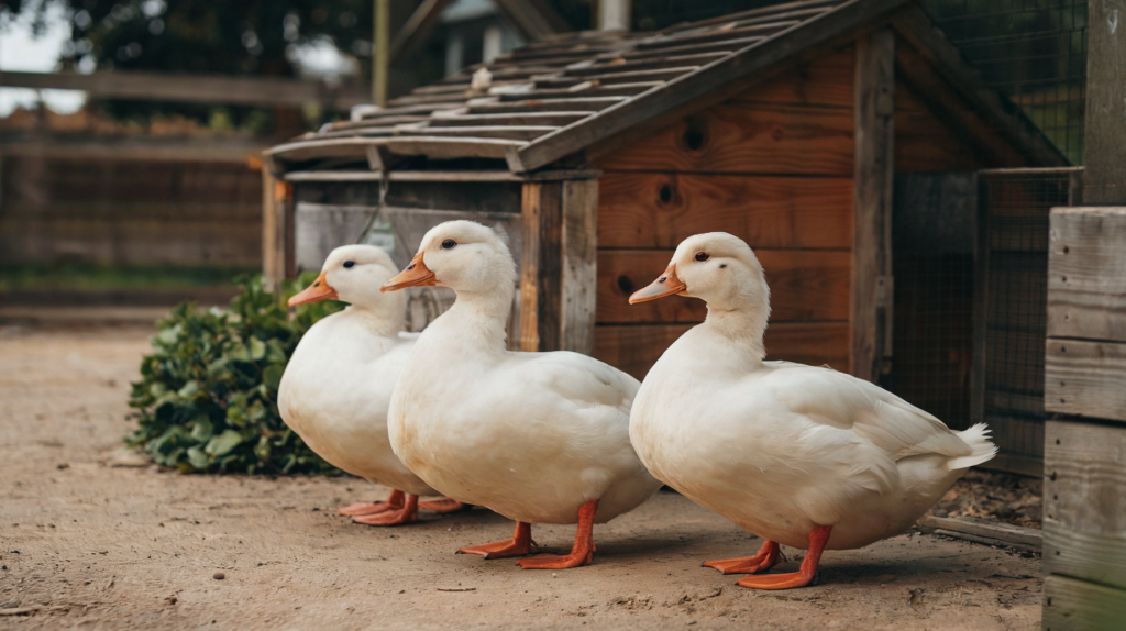 A photo of three jumbo Pekin ducks on a homestead sitting outside of their duck hutch. The ducks have white feathers and bright orange feet. They are sitting on a dirt path near the hutch. The hutch is made of wood and has a slatted roof. There is a green plant near the hutch. The background contains a wooden structure and trees. 