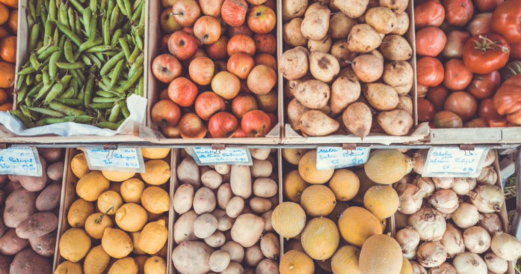 Root cellar fruit and vegetables in well-organized and labeled boxes.