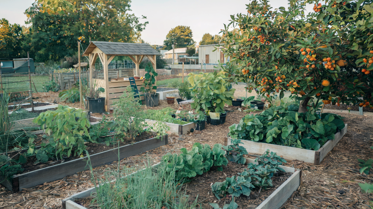 A photo of a permaculture garden on a homestead with a focus on edible gardening with a food forest. There are various plants, including fruits and vegetables, growing in raised beds and in the ground. There is a tree with a variety of fruits. There are also plants growing in pots. There is a small wooden structure with a roof. The ground is covered with mulch. The background contains a few buildings.