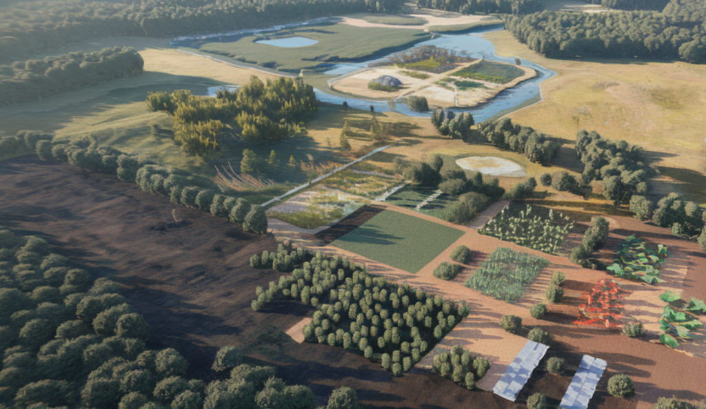 An aerial rendering of a potential permaculture site. The land is a mix of forested areas, meadows, and cultivated plots. The soil varies from dark to light brown, indicating different types of soil. There are several water sources, including a river and a pond. 