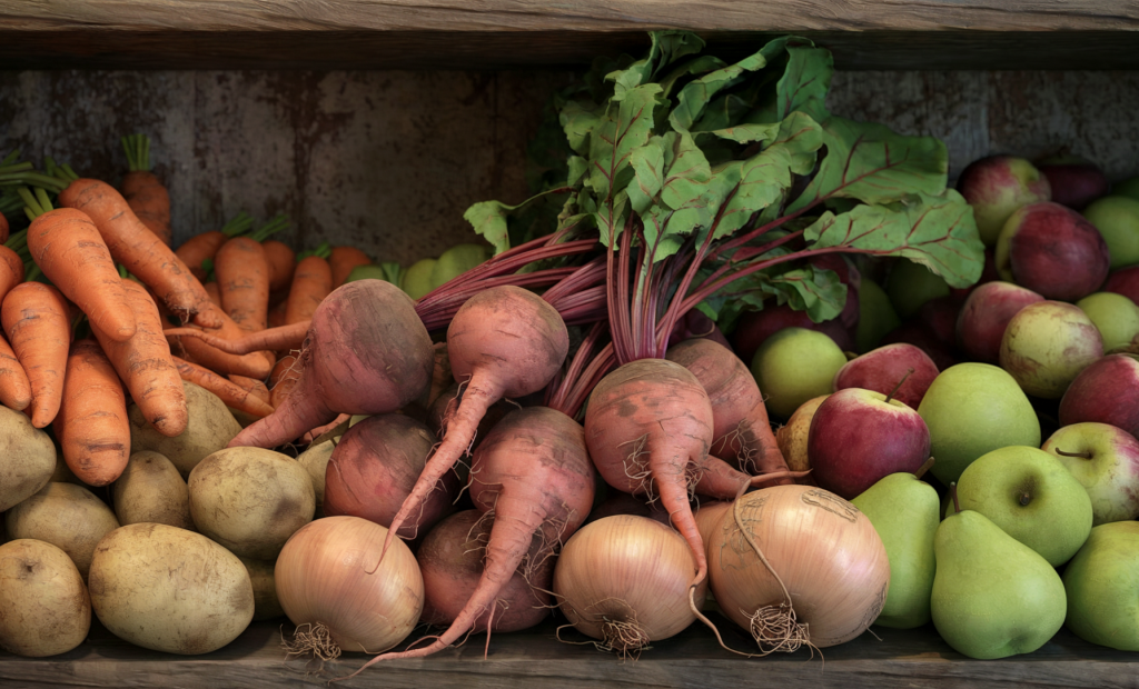 A variety of fruit and vegetables suitable for root cellaring food preservation.