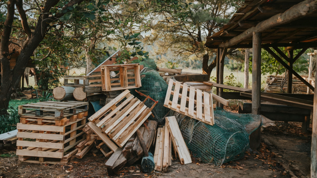 A photo of a rustic homestead with a pile of wood pallets, chicken wire, old lumber, and untreated wood. The setting is surrounded by nature, with trees and greenery. A wooden structure with a thatched roof is visible in the background. The ground is covered with leaves and is uneven.