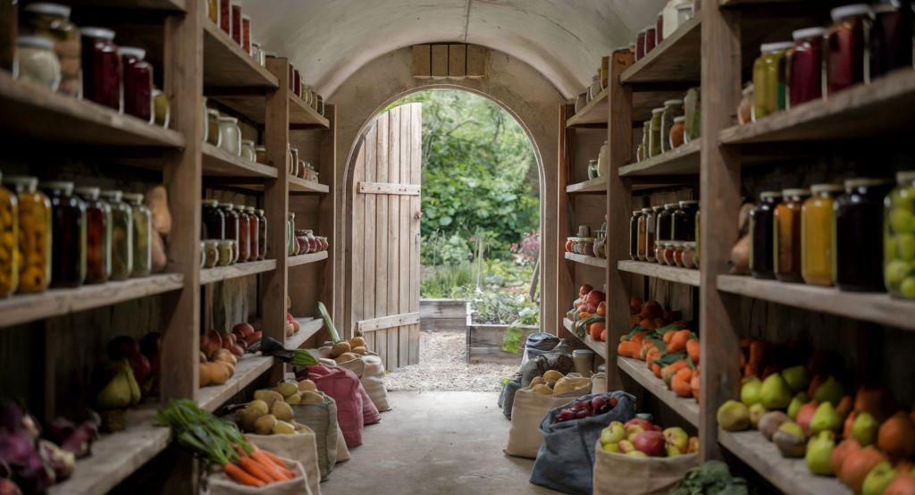 A traditional style root cellar with a rustic wood door slightly ajar, revealing lush greenery and garden beds outside. The cellar has a middle walkway with shelves on the right and left filled with different jars of preserved vegetables and fruit. There are fabric bags on the floor with carrots, turnips, beets, potatoes, onions, apples, and pears.