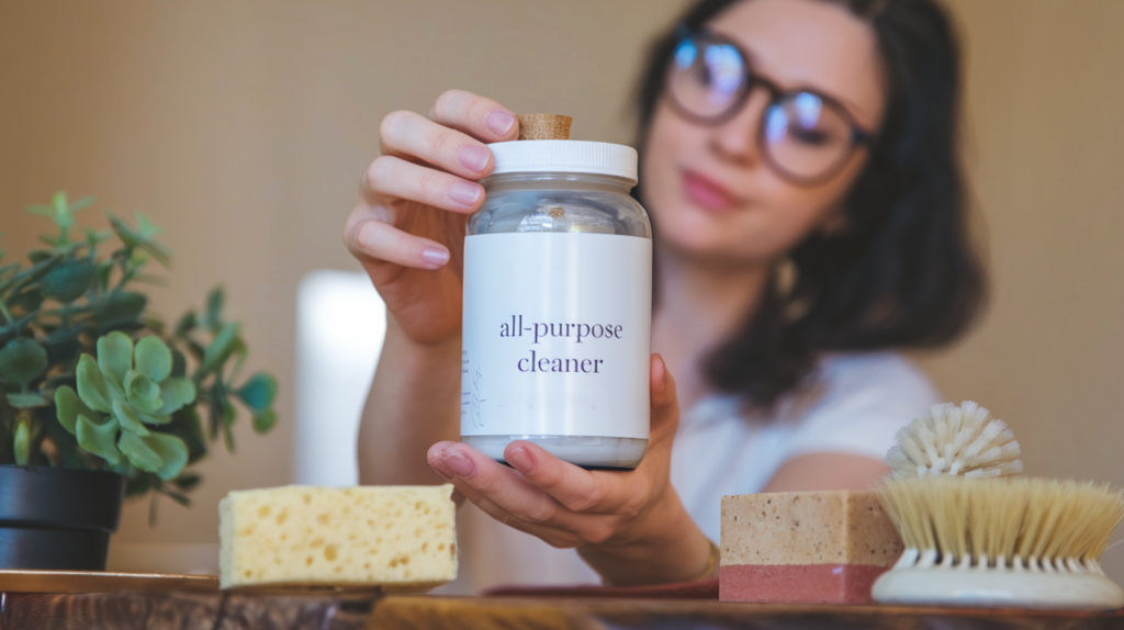 A photo of a woman with dark hair and glasses. She is holding a jar labeled "All-Purpose Cleaner" with essential oils. The jar is placed on a wooden surface. There are other cleaning products, such as a sponge and a scrub brush, next to the jar. In the corner, there is a potted plant. 