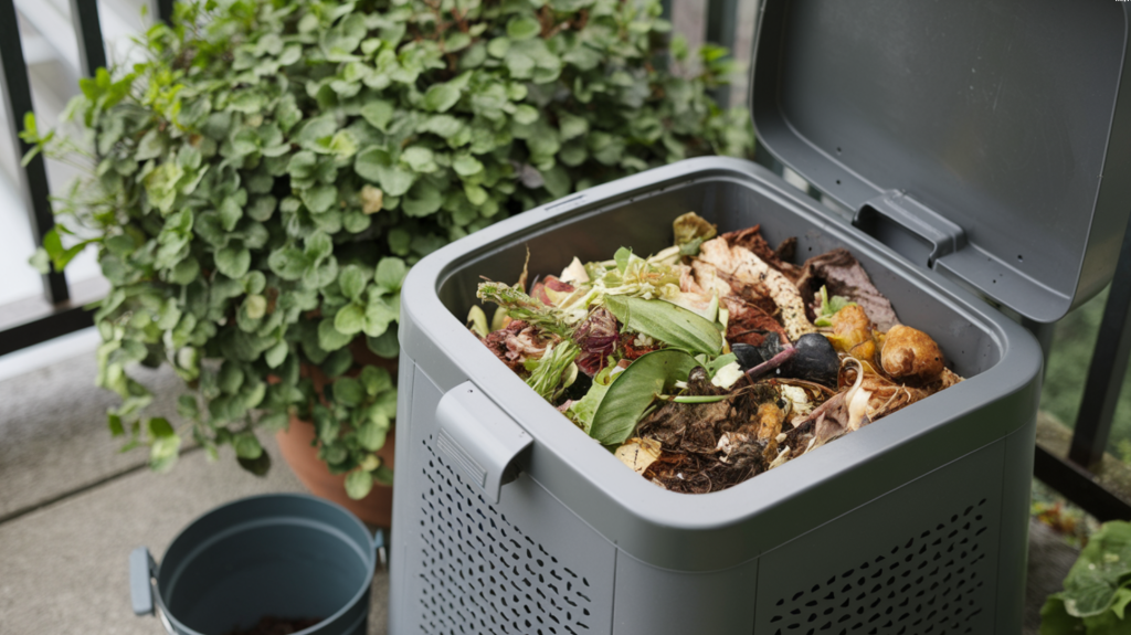 A photo of a compact compost bin on a balcony. The bin is filled with a mix of green (food scraps) and brown (leaves and twigs) compost ingredients. There's a small bucket on the ground beside the bin. The background reveals a lush green plant in a pot.