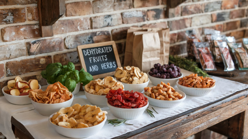 A photo of a rustic wooden table with a white cloth, featuring dehydrated fruits such as apple chips, dried tomatoes, and banana slices. Fresh herbs like basil and rosemary are also present. The fruits and herbs are arranged in small white bowls. There are brown paper bags and a chalkboard sign with the text "Dehydrated Fruits and Herbs" on the table. The background is a brick wall with a wood shelf. On the right side, there are some dehydrated meats in packages.