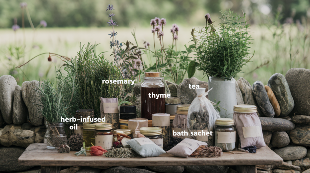 A photo of a rustic table with a variety of dried herbs. There are herbs like rosemary, thyme, and oregano, among others. There are also jars of herb-infused oils, teas, and bath sachets. The table is placed in front of a stone wall. The background is blurred, showing a green field with wildflowers. 