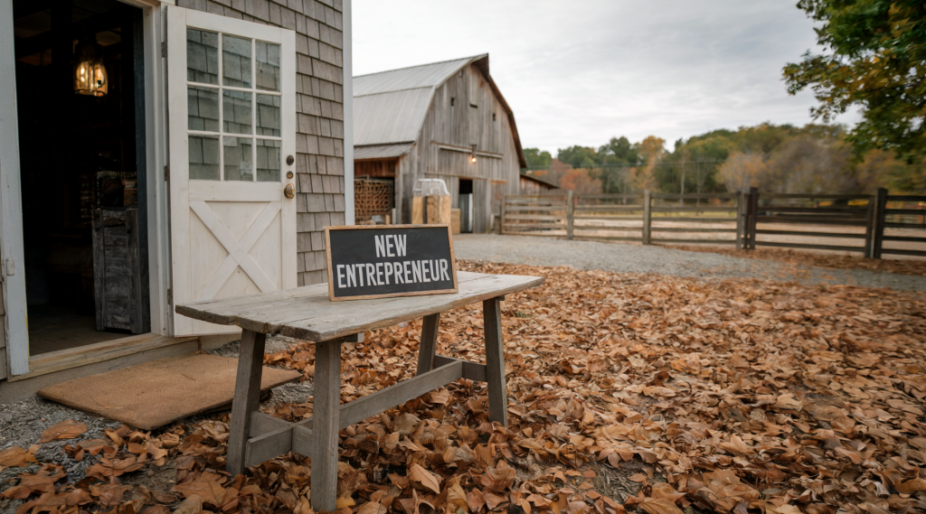 A photo of a small homestead with a rustic table near the front door of a farmhouse. There is a sign on the table that says "New Entrepreneur". The background reveals a barn and a wooden fence. The ground is covered with dry, brown leaves. 