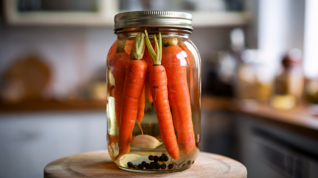 A photo of young, tender carrots in a pickling jar. The carrots are fresh, with a bright orange color and a slight curve. They are submerged in a vinegar brine, with cloves of garlic and a few peppercorns. The jar is placed on a wooden board.