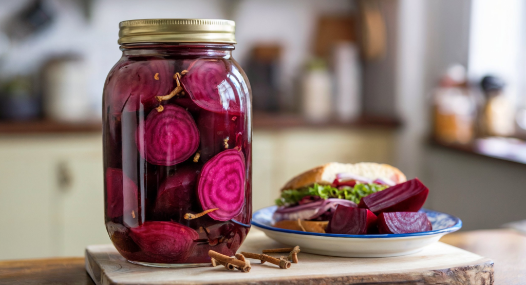 A photo of a pickling jar filled with fresh, brightly colored pickled beets. The beets are submerged in a vinegar brine and are accompanied by cloves and cinnamon. The jar is placed on a wooden board. Next to the board is a plate with a sandwich and some pickled beets. The beets are served as a tangy side dish. 