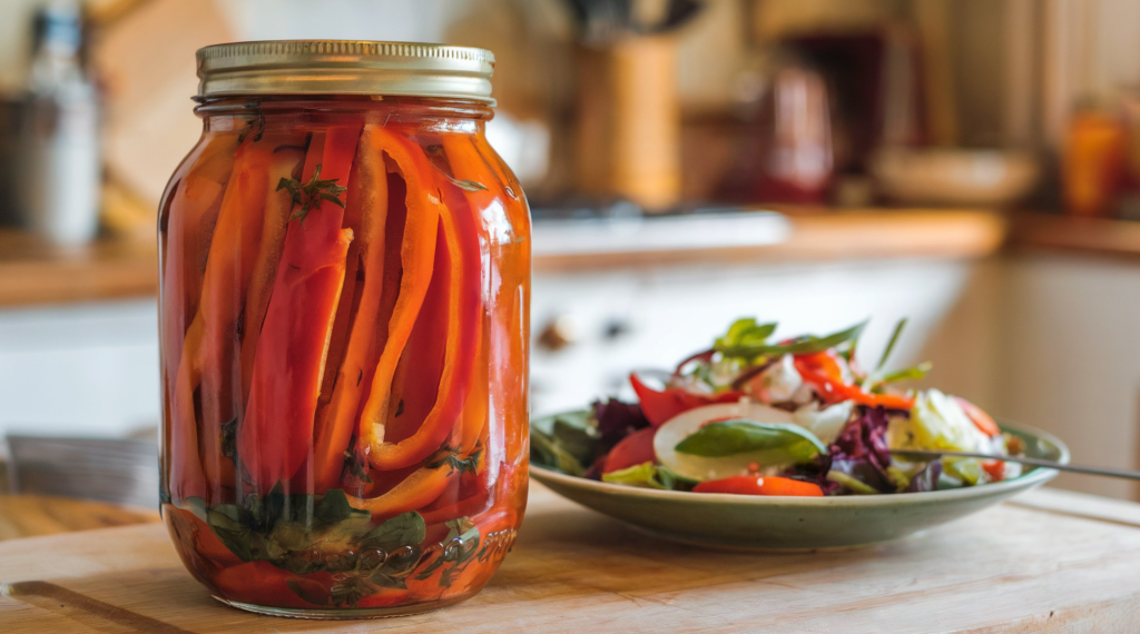 A photo of a jar of pickled bell peppers sliced into mostly uniform strips. The peppers are submerged in a brine filled with oregano and basil. The jar is placed on a cutting board in a warm and charming homestead kitchen. Next to the board is a plate with a colorful salad. The salad has the pickled bell peppers as one of its ingredients.