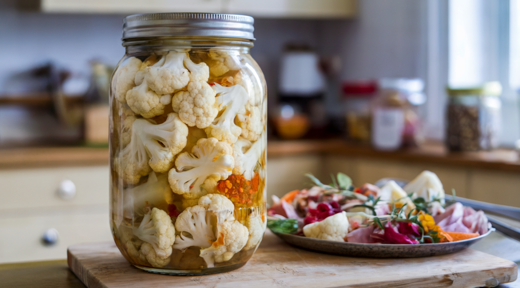 A photo of a pickling jar filled with fresh cauliflower. The head is broken down into mostly uniform florets. The cauliflower are in a brine with chili flakes and there is a plate of antipasto on the wooden board next to the jar.