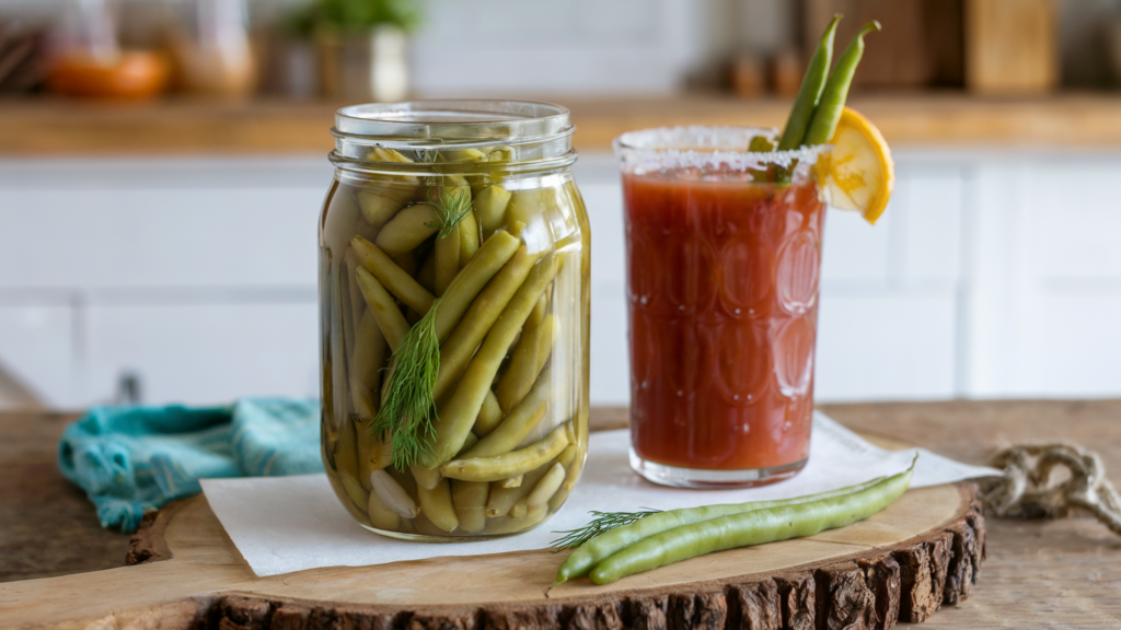 A photo of a jar of pickled green beans, also known as dilly beans, on a rustic wooden cutting board in a charming homestead kitchen. The jar contains crisp, tangy green beans in a brine with dill and garlic for added flavor. Next to the board is a Bloody Mary drink with a pickled green bean and lemon slice as a garnish.