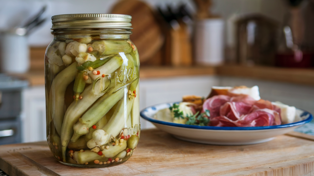 A photo of a jar of pickled okra in a brine of garlic, peppers, and mustard seeds. The jar is placed on a cutting board in a cozy homestead kitchen. Next to the board is a plate with a classic charcuterie presentation.